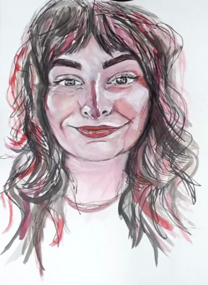 Painting of Jamie Hofmann using varying shades of black and red.